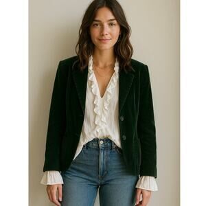 Vintage 90s Green Velvet Boho Chic Classic Fitted Blazer Small